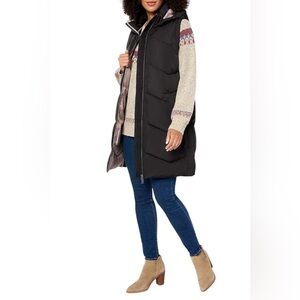 Nuage Women's Chevron Long Quilted Puffer Vest w/Removable Hood in Black / small